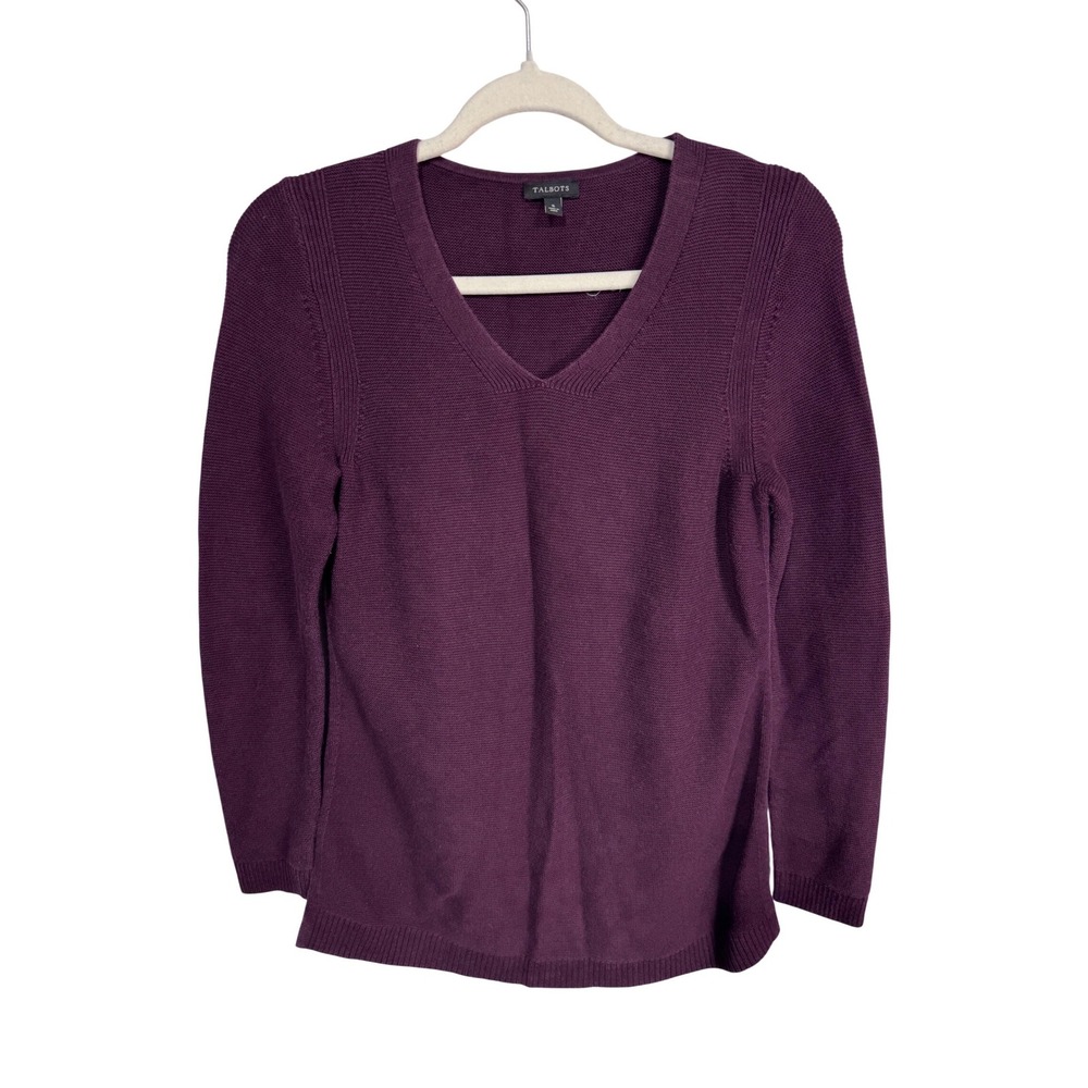 Talbots S Purple V-Neck Sweater Women's Cotton Blend Ribbed Trim